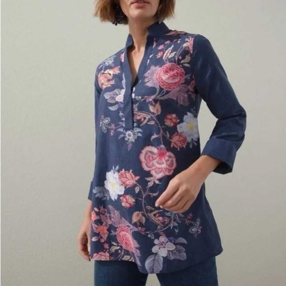 Chico's No-Iron Stretch Floral Placed Tunic, Blue, Sz 2 (12), NWT